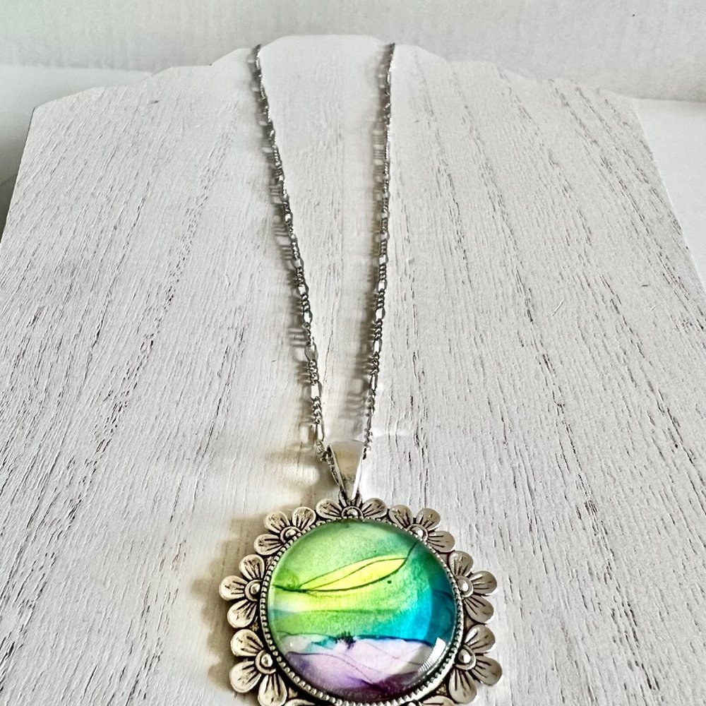Watercolor Flower Pendant Necklace, Floral Metal Necklace, Boho Jewelry - Picture 9 of 11